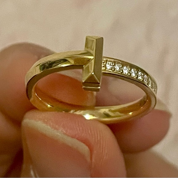Tiffany & Co. T ring 18k Yellow Gold pave diamond ring size 6 - Picture 2 of 7